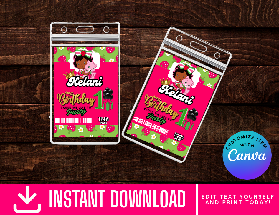 Strawberry Shortcake ID Badges - VIP Party Badge, All Access Birthday Party Favor, Self-Editing | D.I.Y. Editable Text INSTANT Download Printable