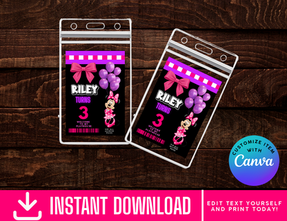 Minnie Mouse ID Badges - VIP Party Badge, All Access Birthday Party Favor, Self-Editing | D.I.Y. Editable Text INSTANT Download Printable