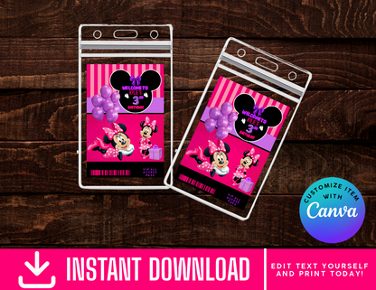 Minnie Mouse ID Badges - VIP Party Badge, All Access Birthday Party Favor, Self-Editing | D.I.Y. Editable Text INSTANT Download Printable
