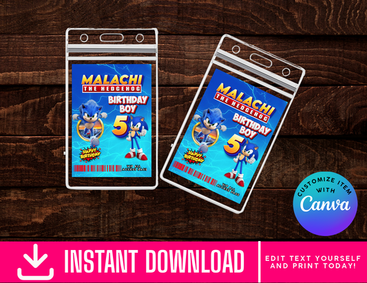 Sonic The Hedgehog ID Badges - VIP Party Badge, All Access Birthday Party Favor, Self-Editing | D.I.Y. Editable Text INSTANT Download Printable