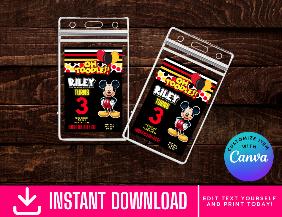 Mickey Mouse ID Badges - VIP Party Badge, All Access Birthday Party Favor, Self-Editing | D.I.Y. Editable Text INSTANT Download Printable
