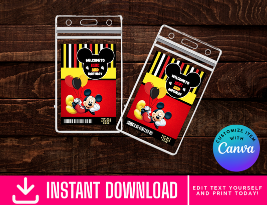 Mickey Mouse ID Badges - VIP Party Badge, All Access Birthday Party Favor, Self-Editing | D.I.Y. Editable Text INSTANT Download Printable