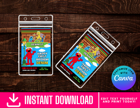 Sesame St ID Badges - VIP Party Badge, All Access Birthday Party Favor, Self-Editing | D.I.Y. Editable Text INSTANT Download Printable